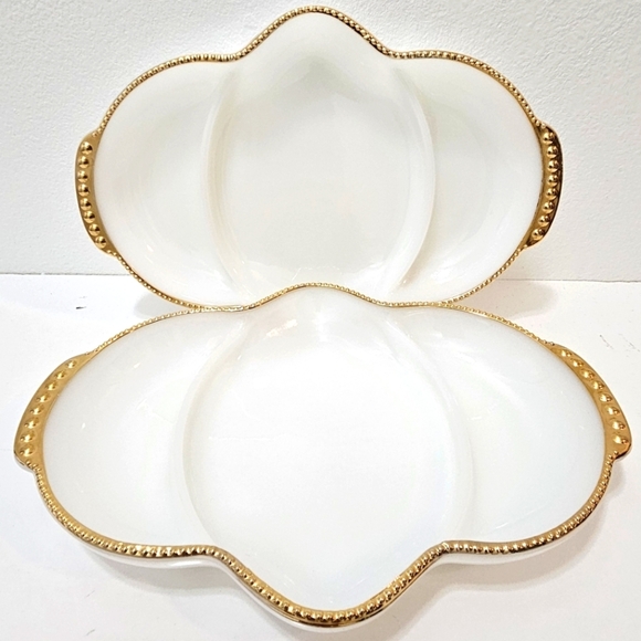 Vintage Anchor Hocking Fire King Milk Glass Relish Tray w/ Gold Beaded Trim (2) - Picture 5 of 13